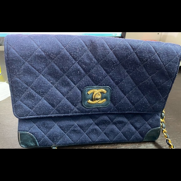 Chanel Blue Quilted Jersey Fabric Vintage Medium Classic Double Flap Bag - Picture 1 of 6
